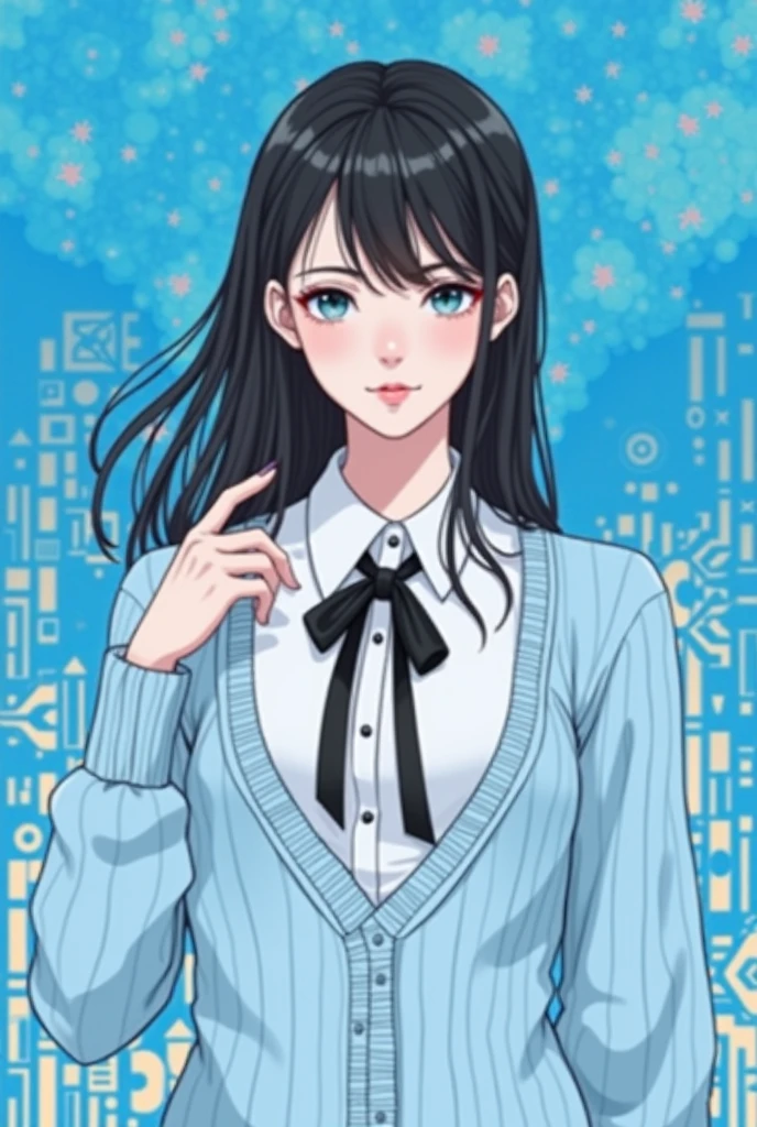 Arabic style image of a woman in a blue sweater and black tie, My motto is Teshirogi, shikamimi, Yoshitomo Nara, Ishida Sui with black hair, sui ishida, Chiho, Kotegawa Yui, tsugumi ohba, narumi kakinouchi, kimi takemura