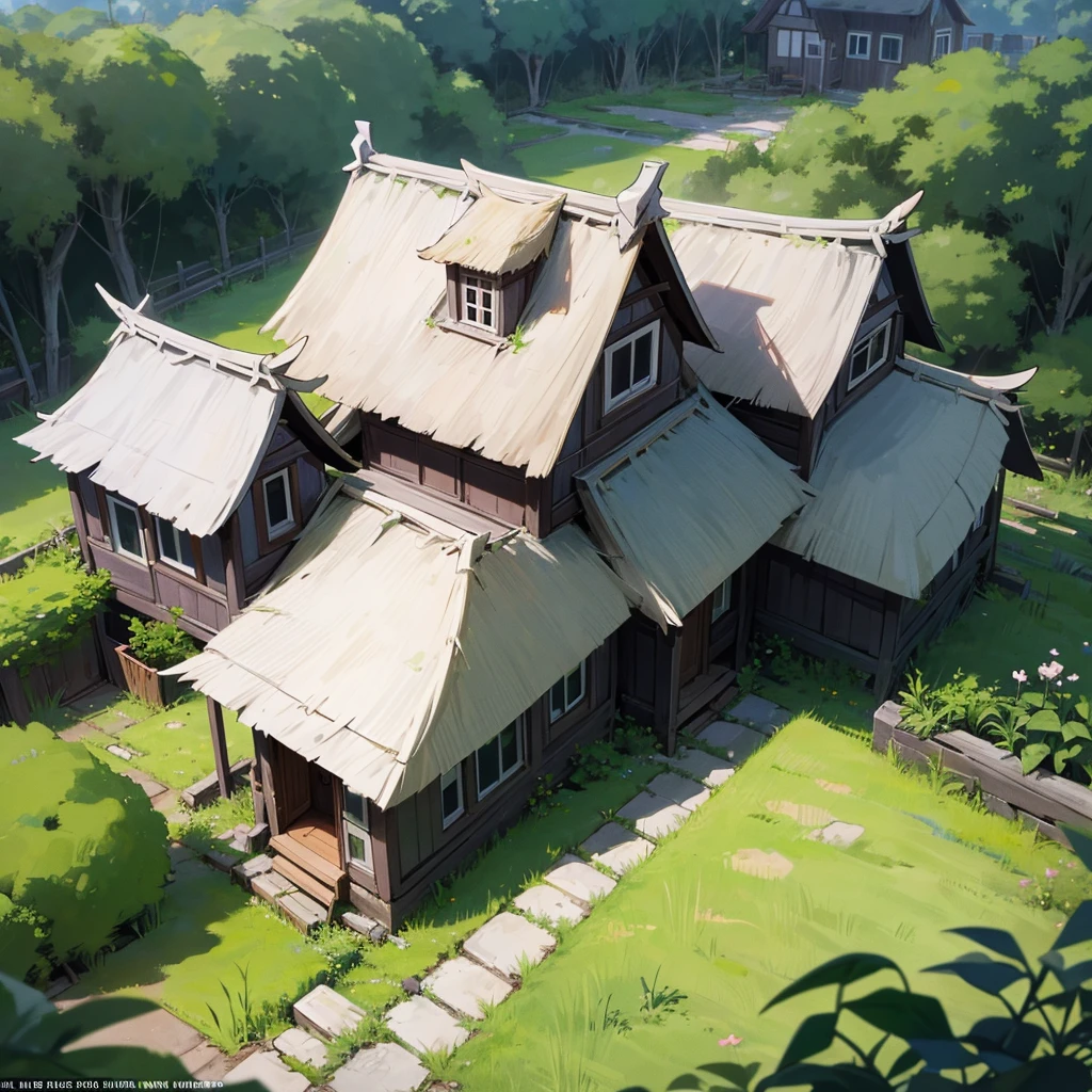 Lila's Humble Home:A small, dilapidated house on the edge of a village, with a thatched roof and a garden overgrown with weeds.
