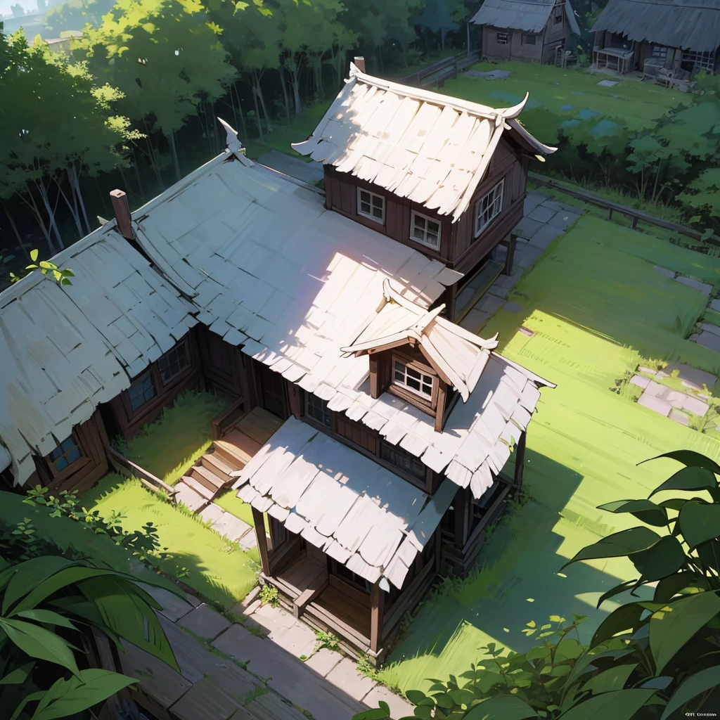 Lila's Humble Home:A small, dilapidated house on the edge of a village, with a thatched roof and a garden overgrown with weeds.