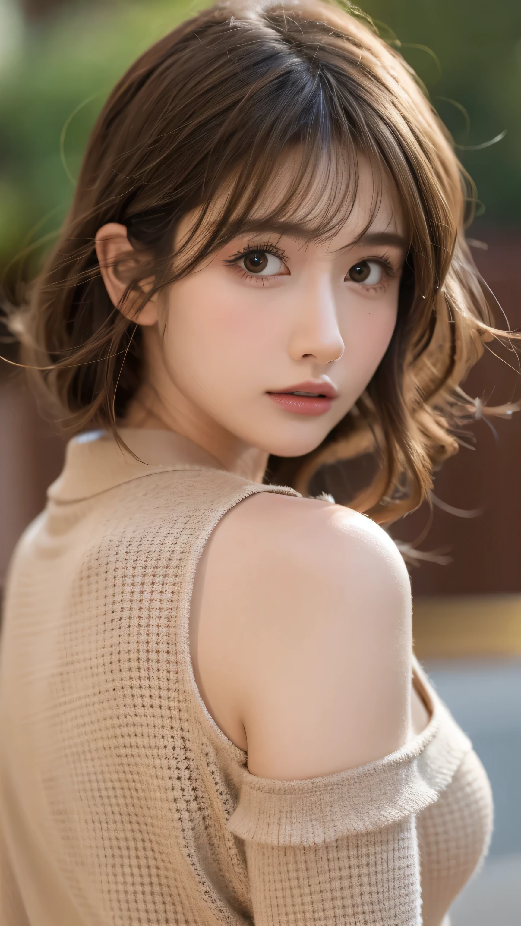 Ultra-high resolution, Superior Quality, Highest quality, Very detailed, Realistic, 8k, RAW Photos, Highest quality, masterpiece, Charm, wonderful, Short brown hair with outward curls, Asymmetrical bangs, Japanese Idols, Sophisticated, stylish, Stylish sheer shirt coordination,Realistic skin texture,Upper Body