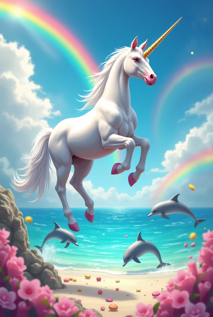white unicorn flying over jumping dolphins on a beach with candy and rainbows