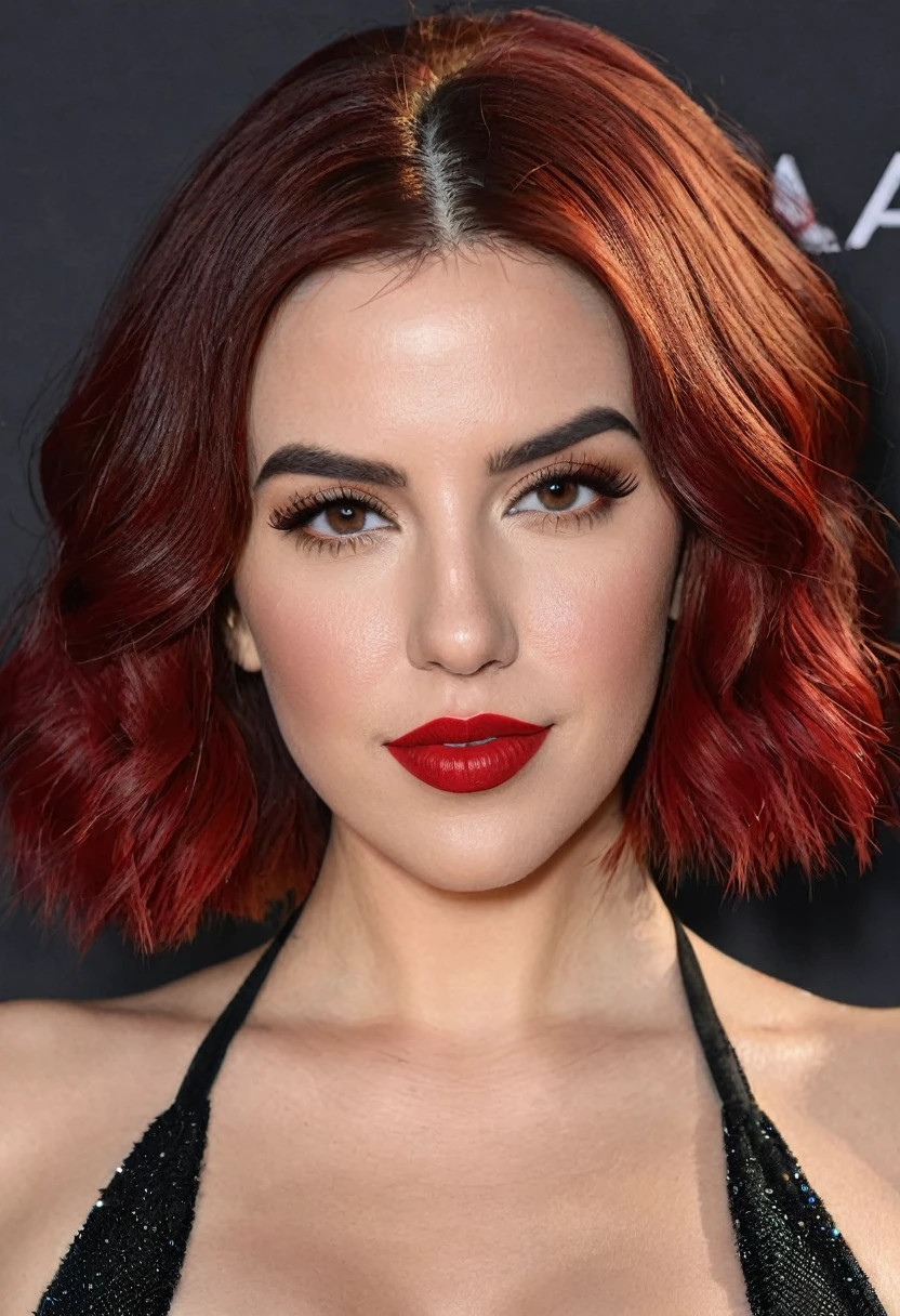 A waist-up portrait of a beautiful female whose face combines features of Maitland Ward + Dua Lipa. The female has lovely makeup on her face. The female wears red lipstick. Symmetrical eyes. Symmetrical face. Lovely details. Photorealistic. Full-colored photo. Professional photo. Highly detailed 8K.