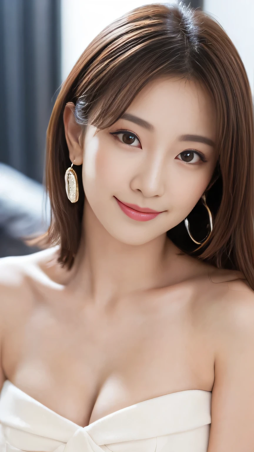 (Highest quality, Flying debris, Realistic photos, Very detailed, Ultra-high resolution, to be born:1.3), (1 female, Beautiful Japanese actresses, 2), (A shy smile), Detailed face,Flashy makeup using red eyeshadow,Large ring earrings,Light blonde delicate medium cut hair,The tips of the hair are wavy,Elegant hairstyle,Beautiful Eyes, Slender actress,Small breasts, (mini skirt dress), ( From beh de d), A glimpse of white panties,