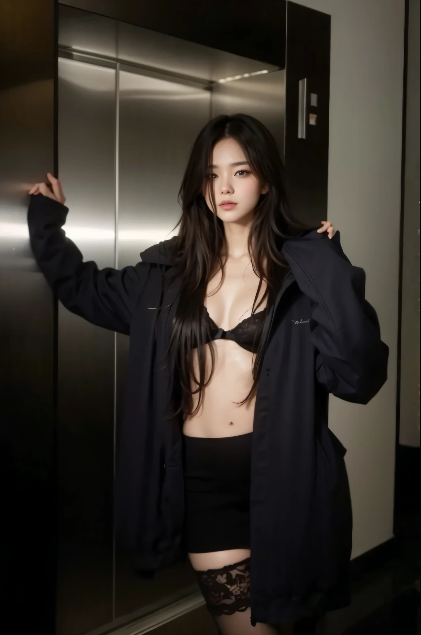  A  Korean girl is posing in a photo studio, she wears a goth cat outfit, wavy black hair blowing in the wind. She's a men's magazine model, with a subtle smile, flirting with the camera, (in evening light: 1.2), , perfect eyes, perfect hands, perfect body, perfect hair, perfect chest, hair behind the ear, UHD, Retina, masterpiece, precise, anatomically correct, textured skin, super detailed, high details, good quality, award-winning, best quality, high-res, 16k, 8k. fullbody
