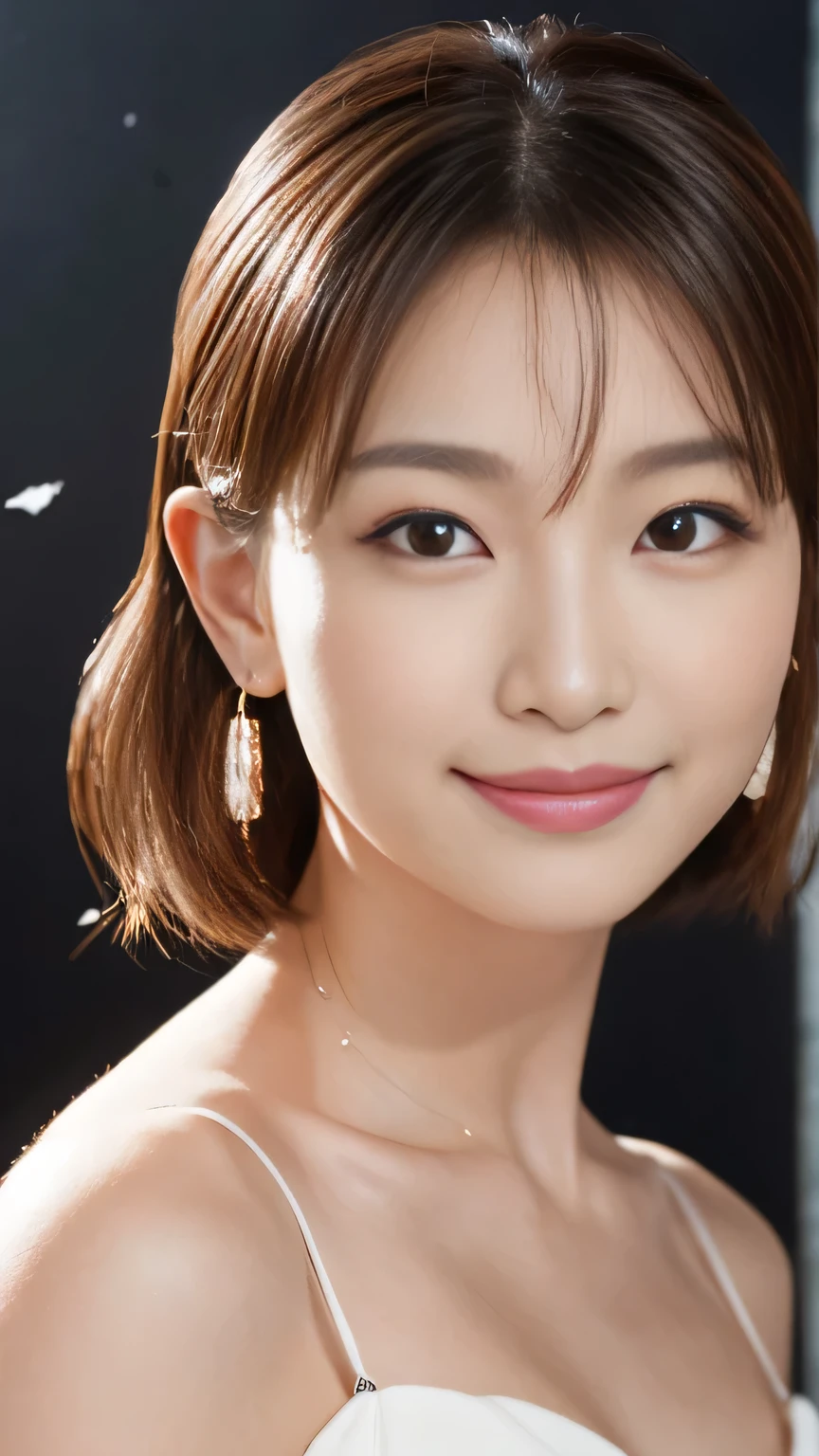 (Highest quality, Flying debris, Realistic photos, Very detailed, Ultra-high resolution, to be born:1.3), (1 female, Beautiful Japanese actresses, 2),  (A shy smile), Detailed face，Flashy makeup using red eyeshadow，Large ring earrings，Light blonde delicate medium cut hair，The tips of the hair are wavy，Elegant hairstyle，Beautiful Eyes, Slender actress，Small breasts,  (mini skirt dress), ( From beh de d), A glimpse of white panties，