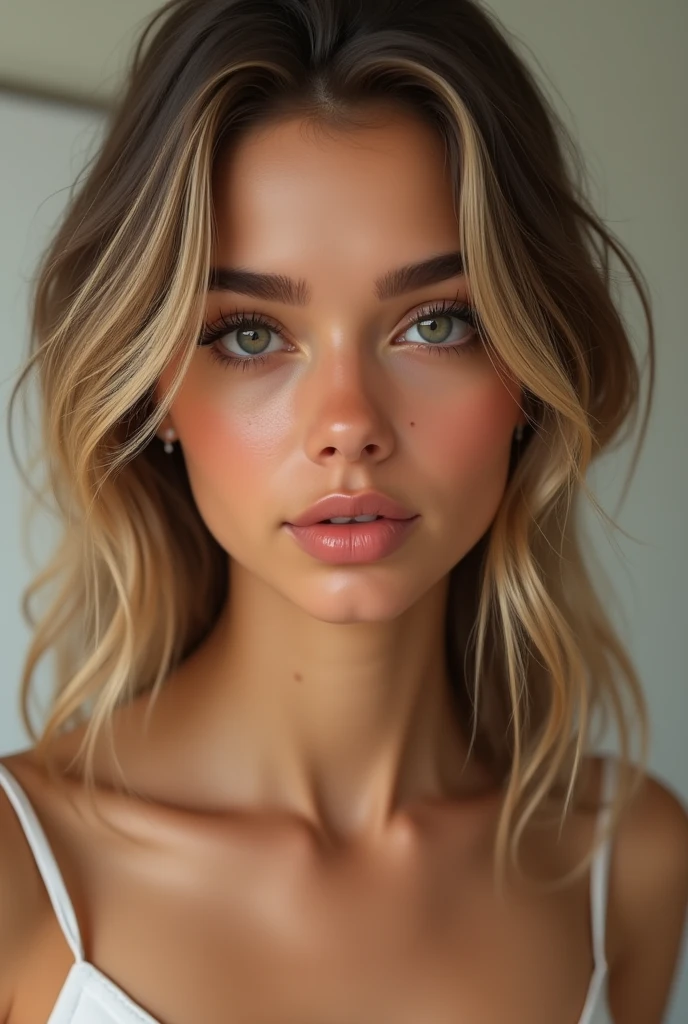 Create a realistic beautiful young woman with brown skin details, clear eyes, dark blond hair, heart shaped plump mouth with lesbian face