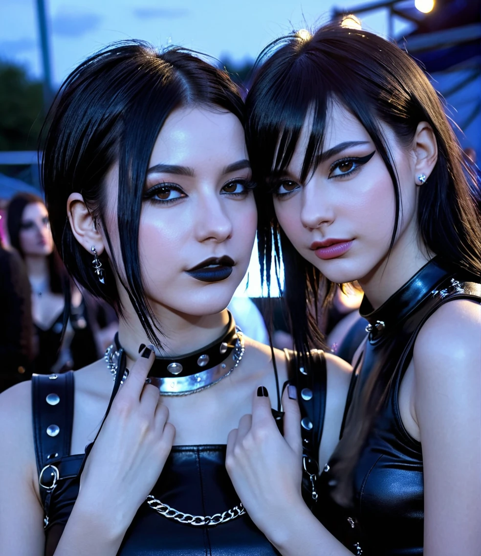 two pretty gothic punk girls at a rock party with night sky, BDSM collar, lean and slender bodies, straight black hair down to the shoulders, shoulders outside, Caucasian skin, black dark brown eyes, beautiful and young face, photo realist, professional photograpy, perfect contours, majestic and elegant women, best qualityer, hight contrast, high saturation, High- sharpness, Ablaze