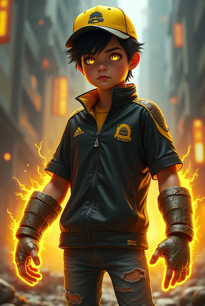 a young real teenage age . 15 Malaysia Indonesia. (Yello eyes) . wearing an (black yellow ) zip-up shirt, (black yellow ) cap with small (mountain) logo, detailed face, cinematic lighting, dramatic atmosphere, vibrant colors, 8k, high quality, photorealistic. Hero suit. (Soil)come from his hand.wear two big gaunlet made from cracking rock color black. yellow glowing light come out from the cracking.jeans pants. Very strong. Future design dress. Very epic