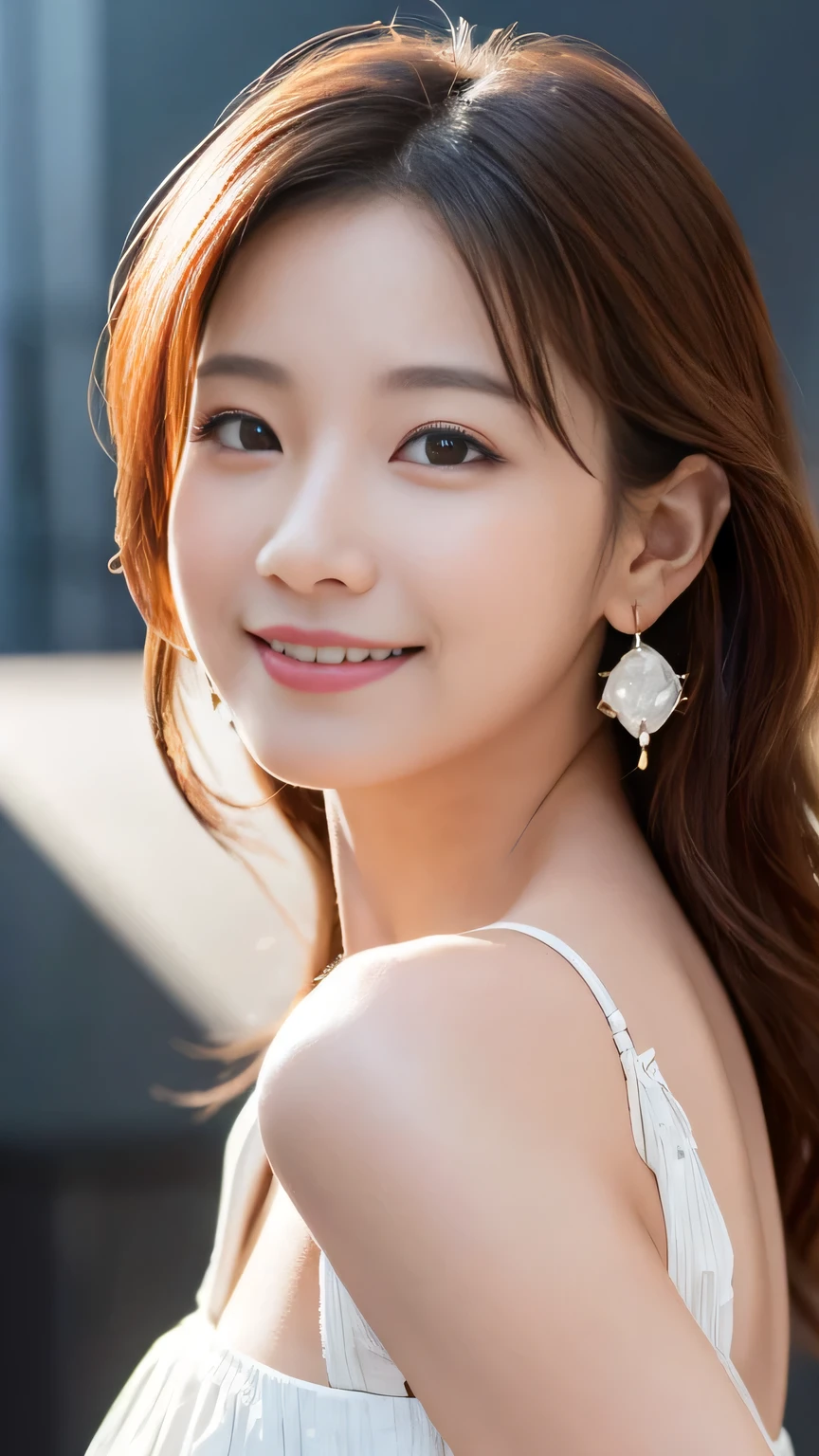 (Highest quality, Flying debris, Realistic photos, Very detailed, Ultra-high resolution, to be born:1.3), (1 female, Beautiful Japanese actresses, 2), (A shy smile), Detailed face,Flashy makeup using red eyeshadow,Large ring earrings,Light blonde delicate medium cut hair,The tips of the hair are wavy,Elegant hairstyle,Beautiful Eyes, Slender actress,Small breasts, (mini skirt dress), ( From beh de d), A glimpse of white panties,
