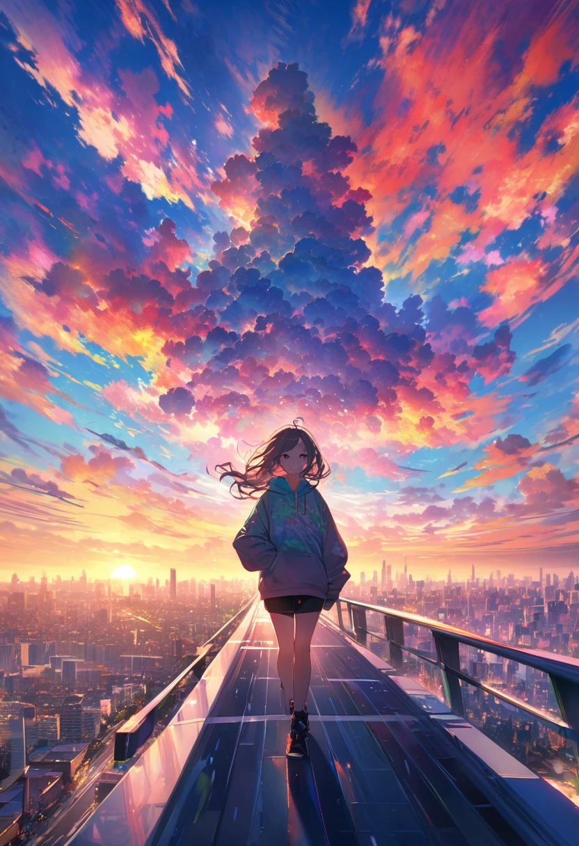 angelic, detailed woman who is walking, woman wearing hoodie, highest billding in city, road, sunrise, horizon, skyline, in the sky, city of clouds, colorful, high-res, 8K