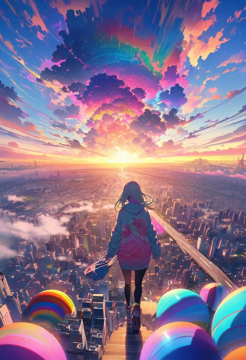 angelic, detailed woman who is walking, woman wearing hoodie, highest billding in city, road, sunrise, horizon, skyline, in the sky, city of clouds, colorful, high-res, 8K