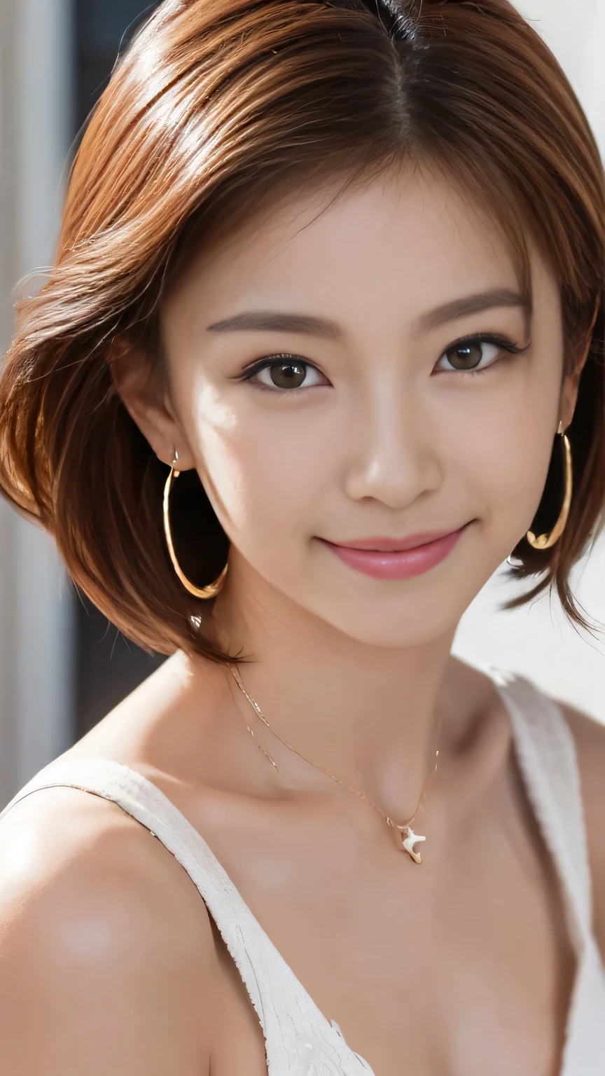 (Highest quality, Flying debris, Realistic photos, Very detailed, Ultra-high resolution, to be born:1.3), (1 female, Beautiful Japanese actresses, 2),  (A shy smile), Detailed face，Flashy makeup using red eyeshadow，Large ring earrings，Light blonde delicate medium cut hair，The tips of the hair are wavy，Elegant hairstyle，Beautiful Eyes, Slender actress，Small breasts,  (mini skirt dress), ( From beh de d), A glimpse of white panties，