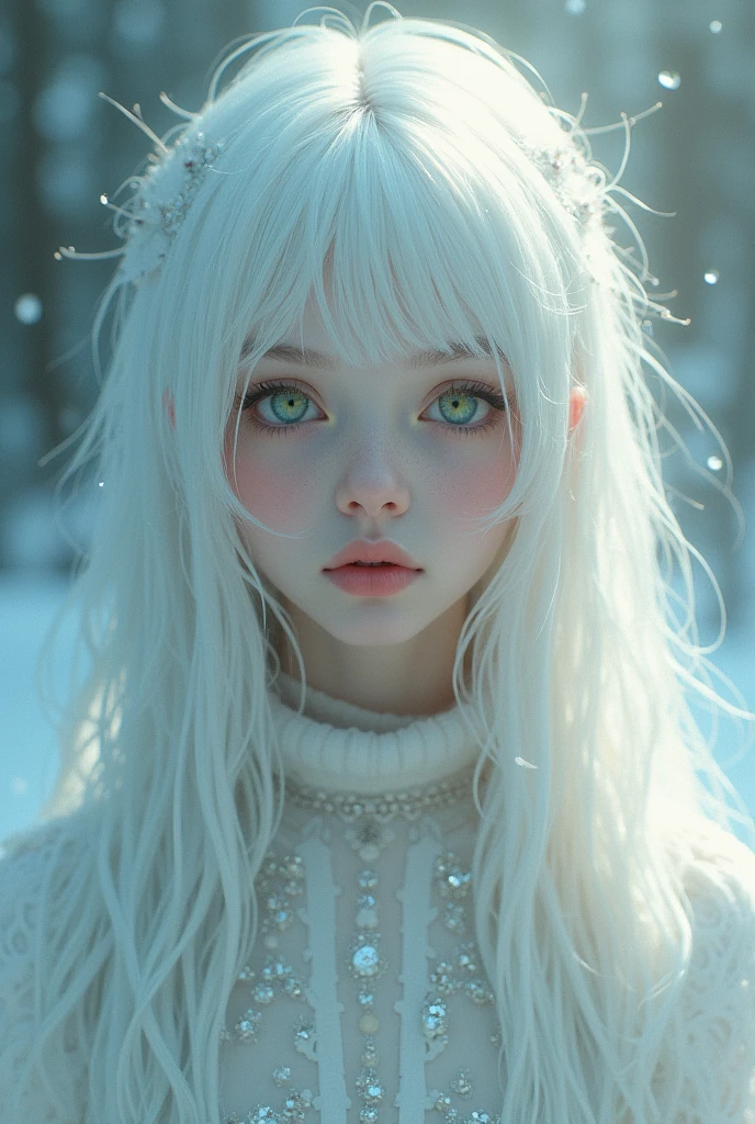 beautiful girl. white and flawless skin. White hair, long and semi-wavy. bicolor eyes, one gray and one green. surreal art