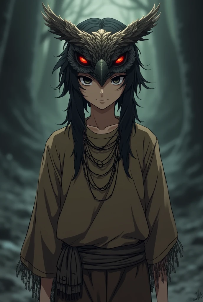 boy, owl mask, dark brown hair, exorcist, smiling, looks a little crazy, old brown shirt, Native pants, black eyes completely , anime, Owl mask covers half of the head, revealing the eyes, white face