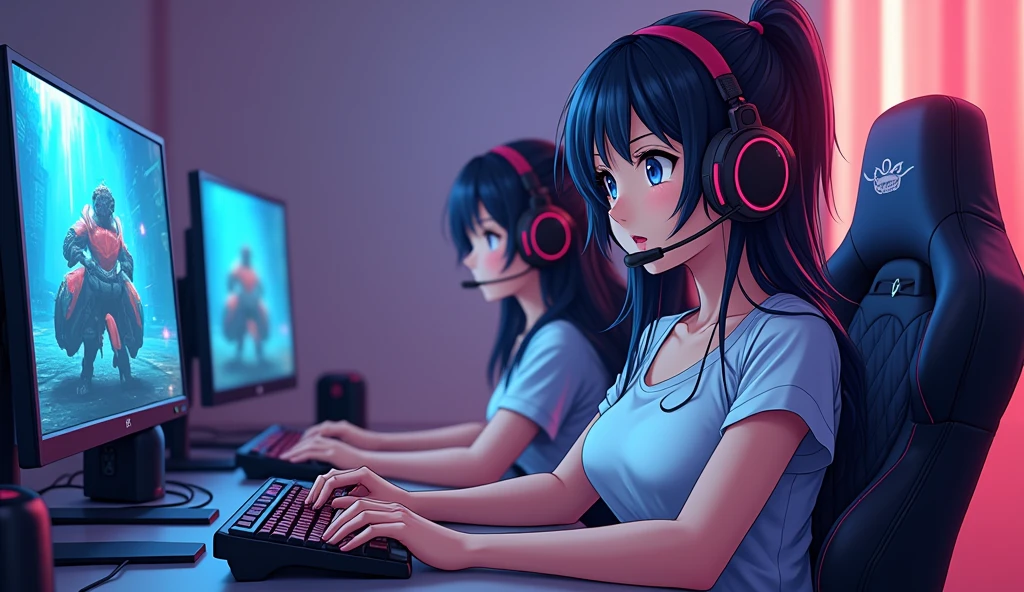  Pro gamer Anime boy,girl
, , wearing headphones,girl had Big boobs, computer,