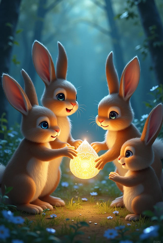 The rabbit’s family giving Ali a magical stone that shines with a mystical glow.
