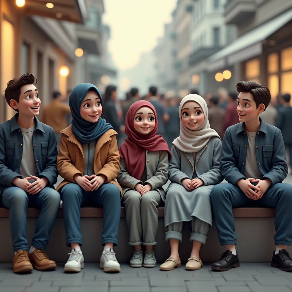 ((3 hijabless man wear jacket sitting), (2 hijabbed woman sitting), (1 hijabless age girl sitting)), casual fashion, happy expression, just concentrate, white skin people, crowdless background, extreme detail, masterpiece, 4k, adult 3D character, proportional, cinematic lighting