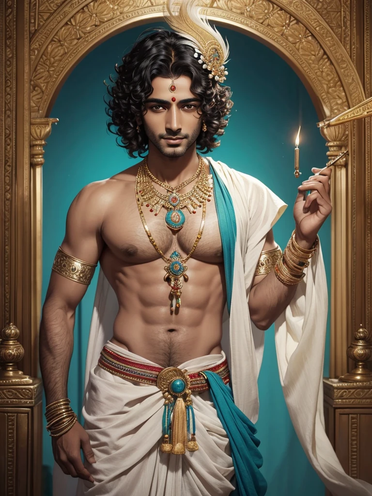 Lord Krishna whose complexion is dark and he is very beautiful. His eyes are very beautiful. Eyelids are so heavy and his hair is curly. He looks very good. He is about 30 years old and he wears dhoti kurta and his body is adorned with ornaments. He has anklets on his feet. He has a necklace around his neck. A peacock feather is situated on his head. In the middle of his hair and he looks very beautiful. His hair shines. There is a tilak on his forehead. There is redness on his lips.He has a flute in his hand which he is playing. There is a white colored person behind him.