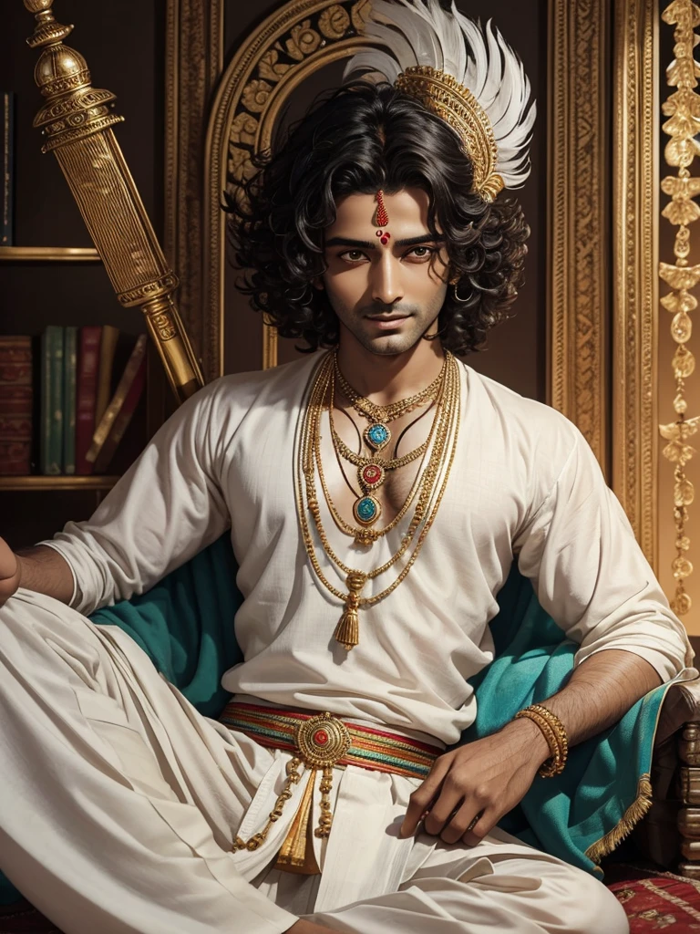 Lord Krishna whose complexion is dark and he is very beautiful. His eyes are very beautiful. Eyelids are so heavy and his hair is curly. He looks very good. He is about 30 years old and he wears dhoti kurta and his body is adorned with ornaments. He has anklets on his feet. He has a necklace around his neck. A peacock feather is situated on his head. In the middle of his hair and he looks very beautiful. His hair shines. There is a tilak on his forehead. There is redness on his lips.He has a flute in his hand which he is playing. There is a white colored person behind him.