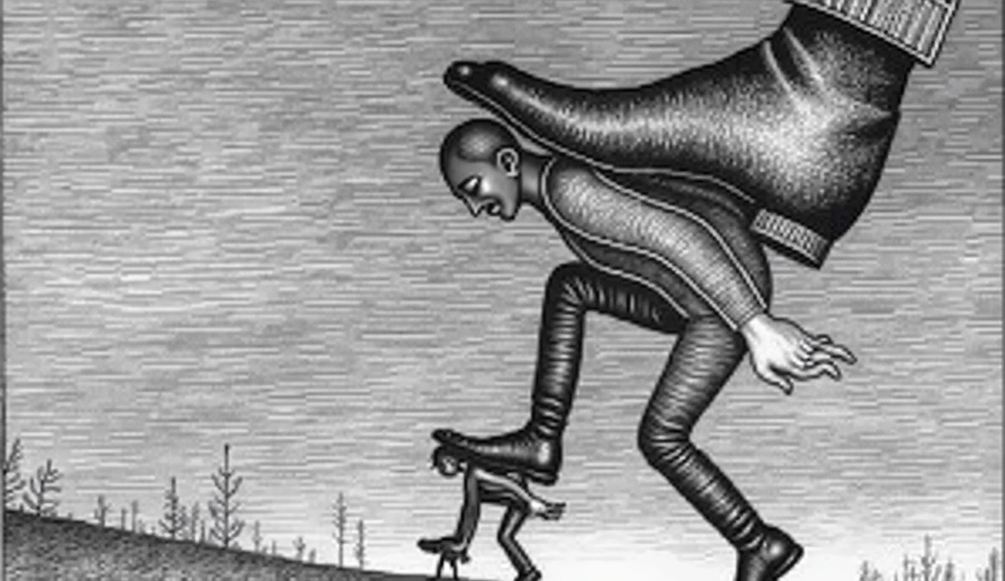 A lil man on ground stepping on a more dwarf man, another big man is stepping on the lil man, a Large man is stepping on back of big man, A big gigantic Foot is stepping on back of Large man.