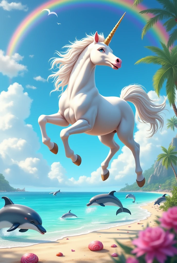 white unicorn flying over jumping dolphins on a beach with candy and rainbows