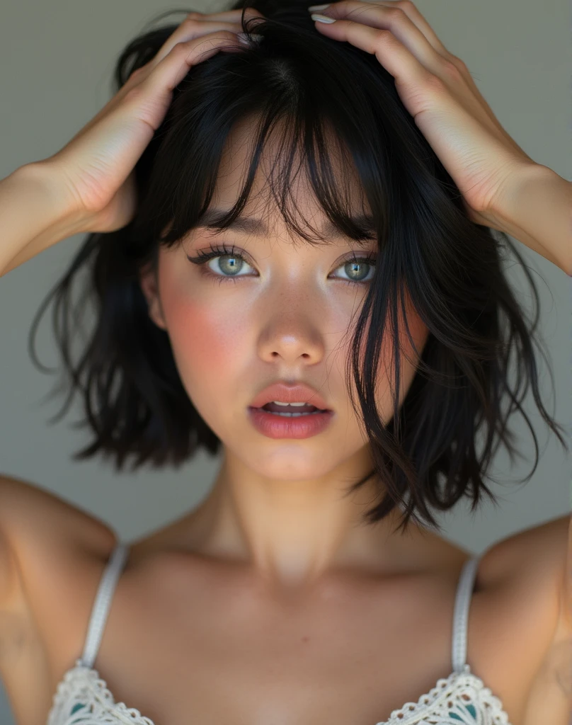 RAW photo, best quality, masterpiece, photorealistic, Polish girl, 20 years old, black hair, Light grey eyes, short bob cut, hair in 7 thirds, hair over one ear, Symmetrical eyes, solo, White skin, Detailed Skin, Detailed face, Big Breasts, rip gloss, blush, wet hair, summer clothes, gel nails, Her face is shocked, she touches the top of her head with both hands, Surprised face, she is touching the top of her head with both hands, upper body