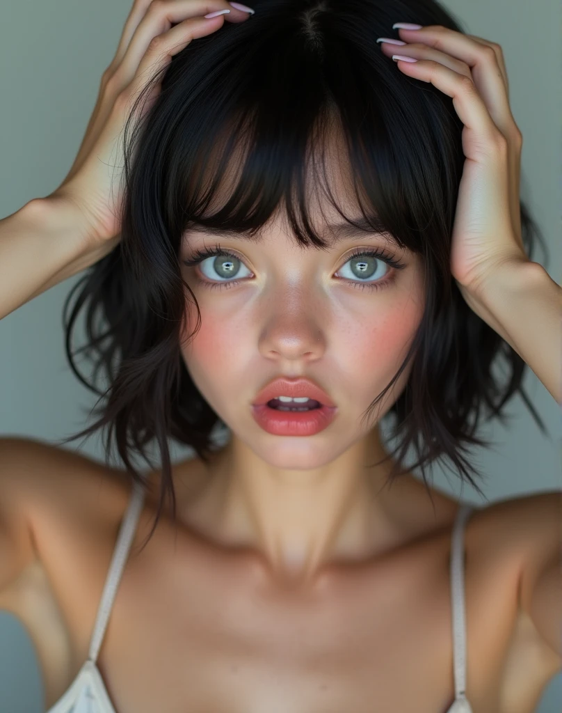 RAW photo, best quality, masterpiece, photorealistic, Polish girl, 20 years old, black hair, Light grey eyes, short bob cut, hair in 7 thirds, hair over one ear, Symmetrical eyes, solo, White skin, Detailed Skin, Detailed face, Big Breasts, rip gloss, blush, wet hair, summer clothes, gel nails, Her face is shocked, she touches the top of her head with both hands, Surprised face, she is touching the top of her head with both hands, upper body