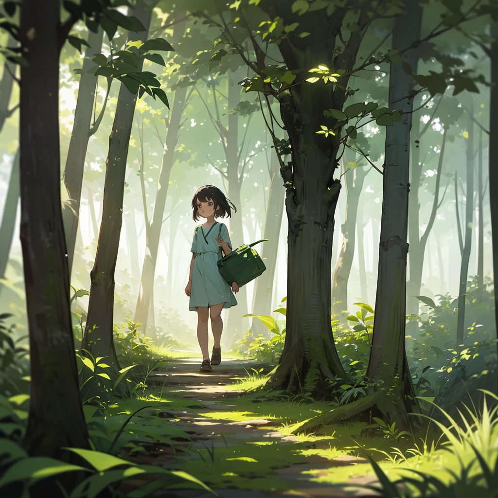 Lila in the Forest:Lila, a young girl in simple clothes, walking through a lush, green forest, with sunlight filtering through the trees.