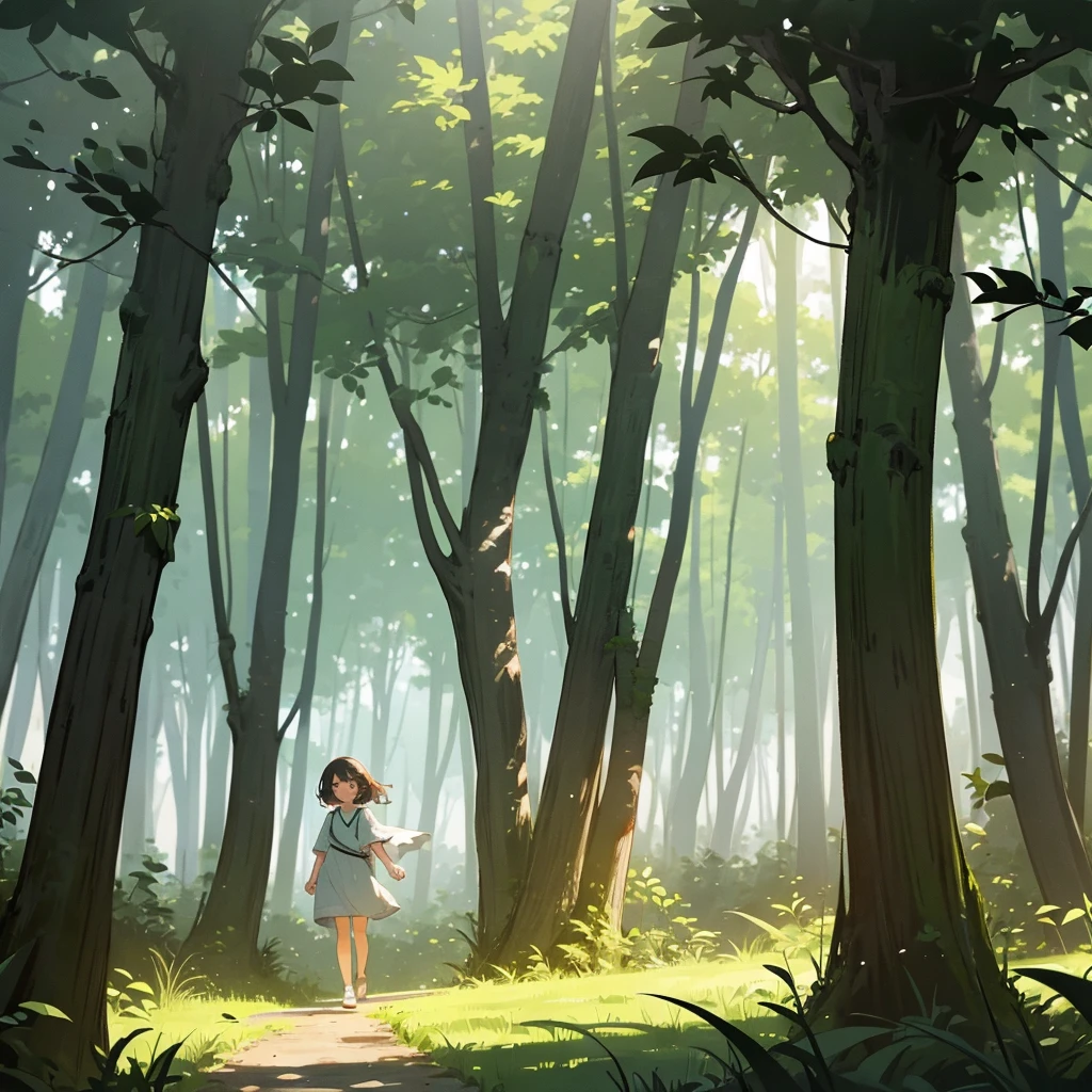 Lila in the Forest:Lila, a young girl in simple clothes, walking through a lush, green forest, with sunlight filtering through the trees.