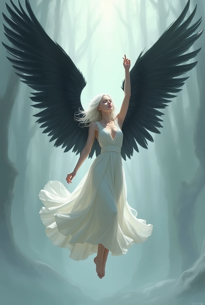 Anime 2d White haired woman with white dress and black wings falling
