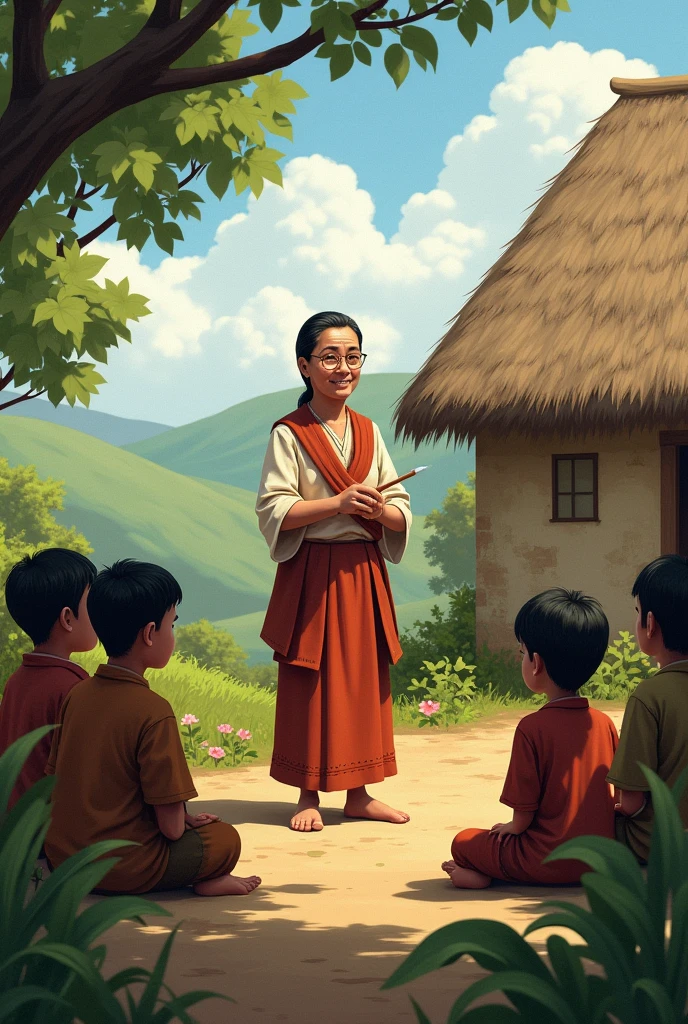 A teacher is teaching his students infront of hut