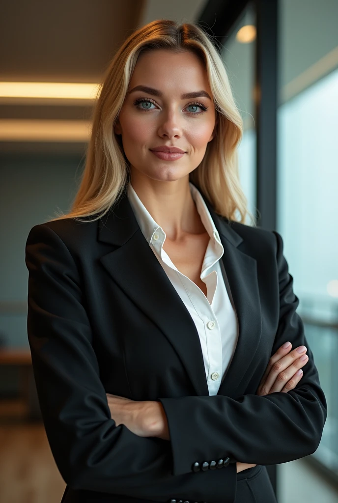 Full body professional photo, (4k photo:1.1) by (Jeremy Lipking:0.3), (Anna Dittmann:0.3), (Marco Ariano:0.3), (sharp focus:1.3), high détail, elegant businesswoman, social shirt, Classic Business Suit, Black and white suit, gray suit, gray suit, necktie, prepare for meeting, law office, hair blonde, clear blue eyes, instagram model pose, confident, apta, skinny girl, breasts big:1.2, Perfect Anatomia, perfect symmetry:1.2, realisitic, realisitic face:1.2, face perfect, glad, confident, highy detailed, and dramatic, cinematic lighting, bright scene, gentle lights, extremely delicate and beautiful, extremely detaild , incredible, fine-details, lindos clear blue eyes detalhados, 8k eyes, very high détail eyes, Ultrarealisitic eyes,