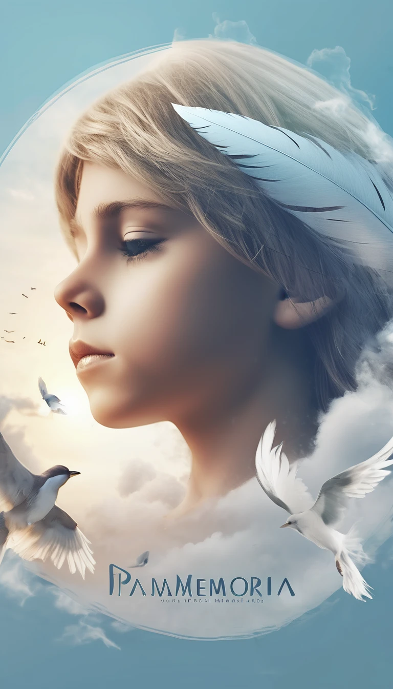 Create a professional, fantastic, cinematic dream-like logo design for a brand about music, stories, fantasy, memories and dreams called " Penamemoria". Masterpiece, 4k, sharp focus, highest quality,wide shot. The title is " Penamemoria". The brand is about the creative, unique, fantastic, dreamy, musical world of a boy and a feather. Minimalistic, simple, poetic, dreamy logo design at the center of the image. The Background image is soft blue sky with white clouds and full of feathers, unique birds. Logo design of a unique, creative, masterpiece logo of the face of a creative boy and a feather that represents memories. Make the logo white- light blue and golden