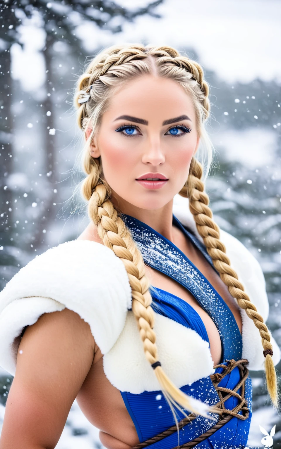 (realistic:1.2), analog photography style, Scandinavian warrior woman, wonderful snow scene, braided blonde hair, whole body, soft natural light, Cute and sexy, joy, detailed face and blue eyes, Excellent quality, masterpiece, detailed northern background, quality: 16K, RAW photo