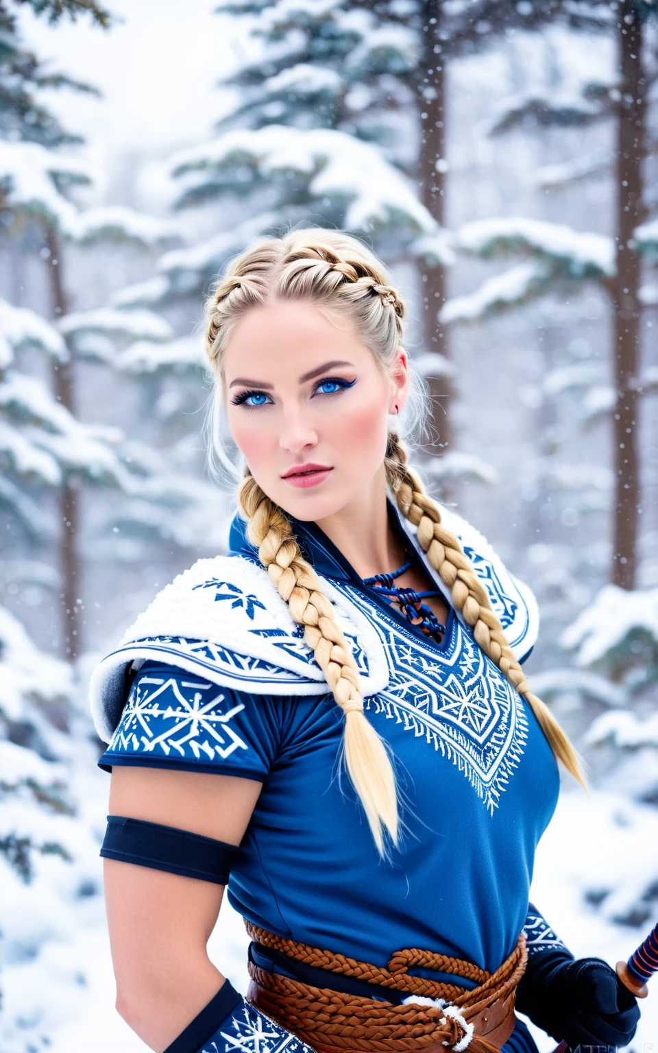 (realistic:1.2), analog photography style, Scandinavian warrior woman, wonderful snow scene, braided blonde hair, whole body, soft natural light, Cute and sexy, joy, detailed face and blue eyes, Excellent quality, masterpiece, detailed northern background, quality: 16K, RAW photo