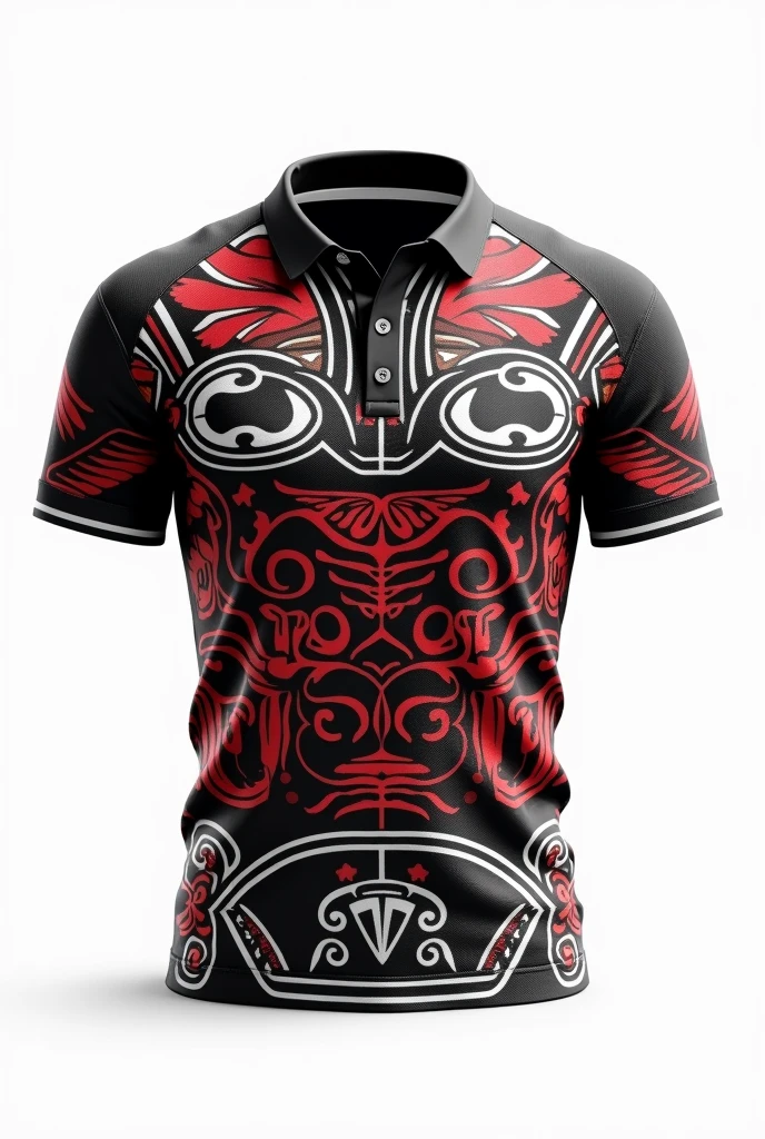 Create rugby jersey maori tribe full pattern black white red retro black collar white background