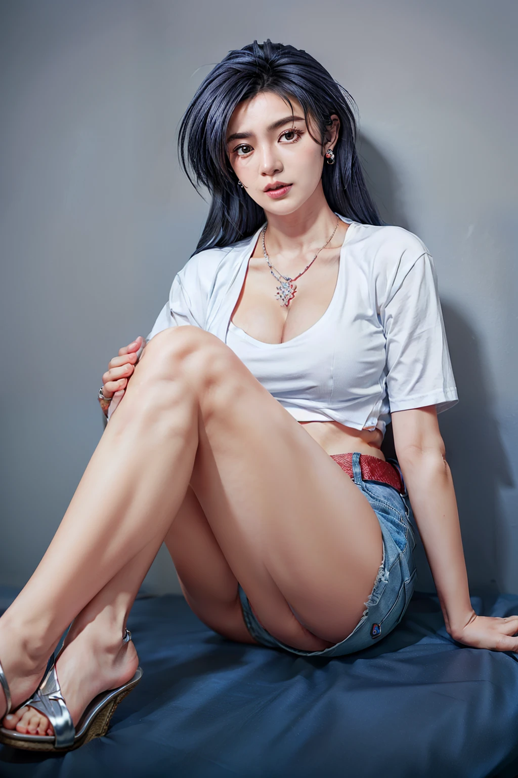 (RAW shooting, Photoreal:1.5, 8k, highest quality, masterpiece, ultra high resolution), perfect dynamic composition:1.2, Highly detailed skin and facial textures:1.2, beautiful and aesthetic:1.2, Fair skin, (full body:1.5), (large breast:1.4,chest gap:1.4),(perfect limbs:1.2), (perfect fingers:1.2),((sitting with legs crossed:1.7),(1girl, asian,Mio Serizawa,glamour,earrings,necklace,long dark blue hair,tight white shirt,short sleeves,navel,red jacket,belt,tight denim shorts,perfect thigh,sandals),(simple background:1),