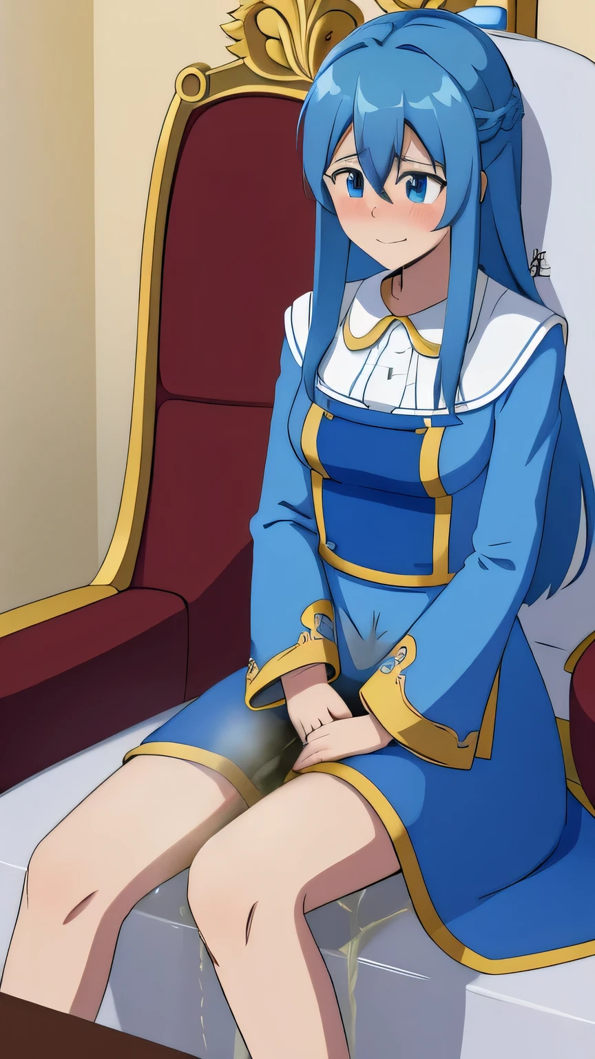 Seele, Peeing self, Have to pee, Anime, looking at camera, embarrassed, blush, pee stain, peeing, yellow pee, sitting on the throne, out of breath, sweating, no pants, blue hair, blue eyes, long hair, royal gown
