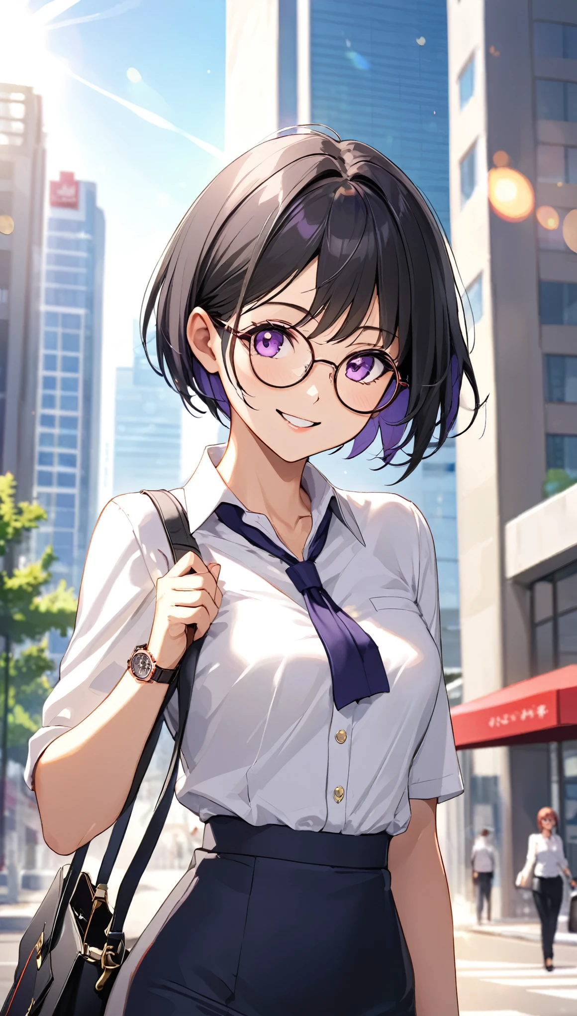 Highest quality、Best image quality、masterpiece、Anime Style、a girl、Beautiful Eyes、black hair, purple eyes、short pixie cut、(flat chest)、slender、Tight waist、Round Glasses、happy smile, office lady, skirt, noon、Outdoor、upper body, Natural light、Shallow depth of field、looking Watches, Watches, In the office district、skyscraper、Lens flare
