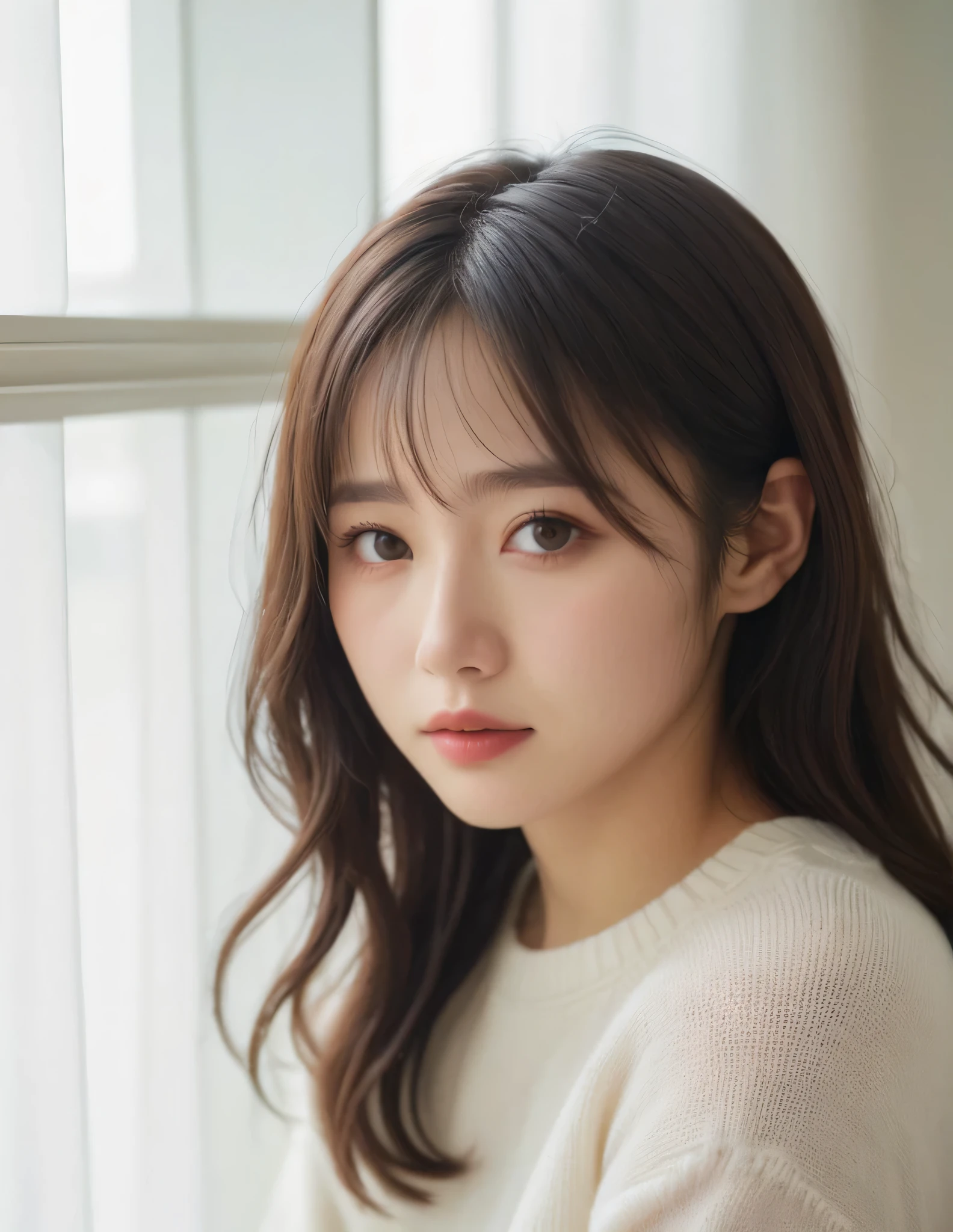 japanese woman, (close-up:2), (natural lighting),wavy hair, forehead, (dark brown eyes),(from side), (downward slanting eyes),pouty,
(white sweater),(dyanmic posing)
(see-through curtain, bright room)