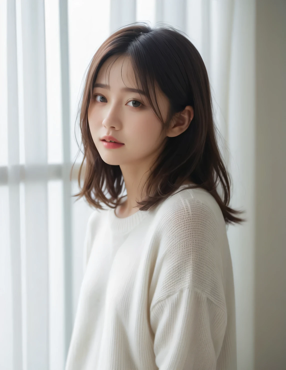 japanese woman, (close-up:2), (natural lighting),wavy hair, forehead, (dark brown eyes),(from side), (downward slanting eyes),pouty,
(white sweater),(dyanmic posing)
(see-through curtain, bright room)