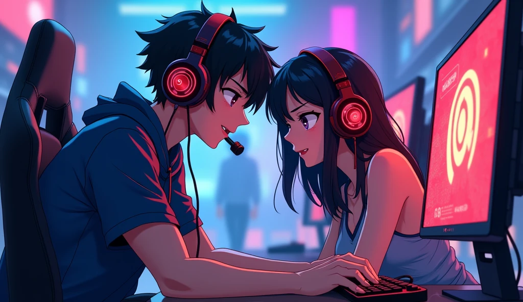Pro gamer Anime boy with girl
,they wearing headphones,girl had Big boobs, computer,