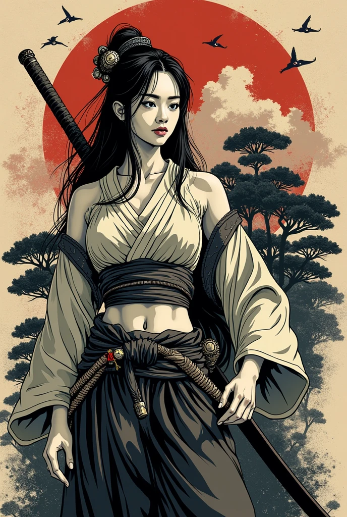 a half body picture, monochrome, shepia, stamped embossed, fillagree, realistic, pretty, Breast size is a bit large, lovely,landscap art retro, Japanese warior woman,a long sword hanging on her back, ink punk,dinamic,ink art , comic book, colors, line sketch, tiny detailed, masterpiece, artstation trends, sharp focus, ,bold high quality, intricate details,vector style for t-shirt,ultra detailed