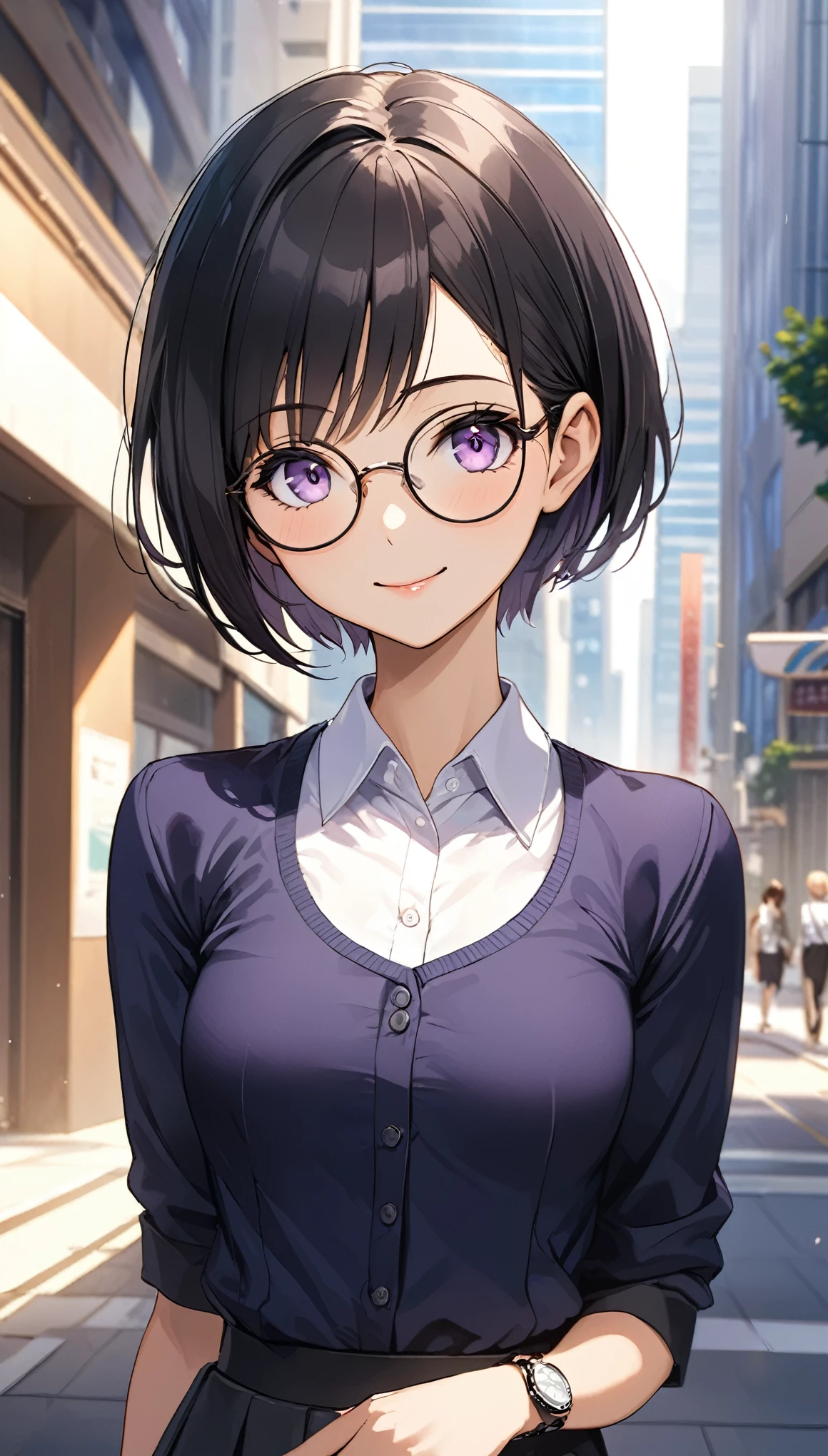 Highest quality、Best image quality、masterpiece、Anime Style、a girl、Beautiful Eyes、black hair, purple eyes、short pixie cut、(flat chest)、slender、Tight waist、Round Glasses、Natural smile, office lady, skirt, noon、Outdoor、upper body, Natural light、Shallow depth of field、looking Watches, Watches, In the office district、skyscraper、Lens flare