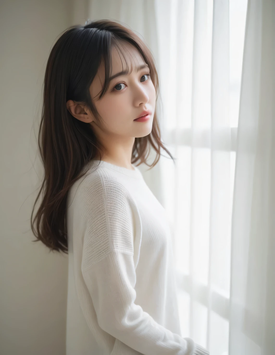 japanese woman, (close-up:2), (natural lighting),wavy hair, forehead, (dark brown eyes),(from side), (downward slanting eyes),pouty,
(white sweater),(dyanmic posing)
(see-through curtain, bright room)