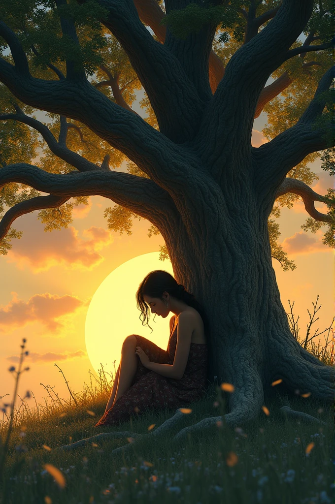 ((best quality)), ((masterpiece)), (detailed), Maya sits under a large, old tree, her head bowed in sadness, with tears in her eyes. The tree offers a sense of shelter and calm, its branches spreading wide above her as the sun begins to set in the background.