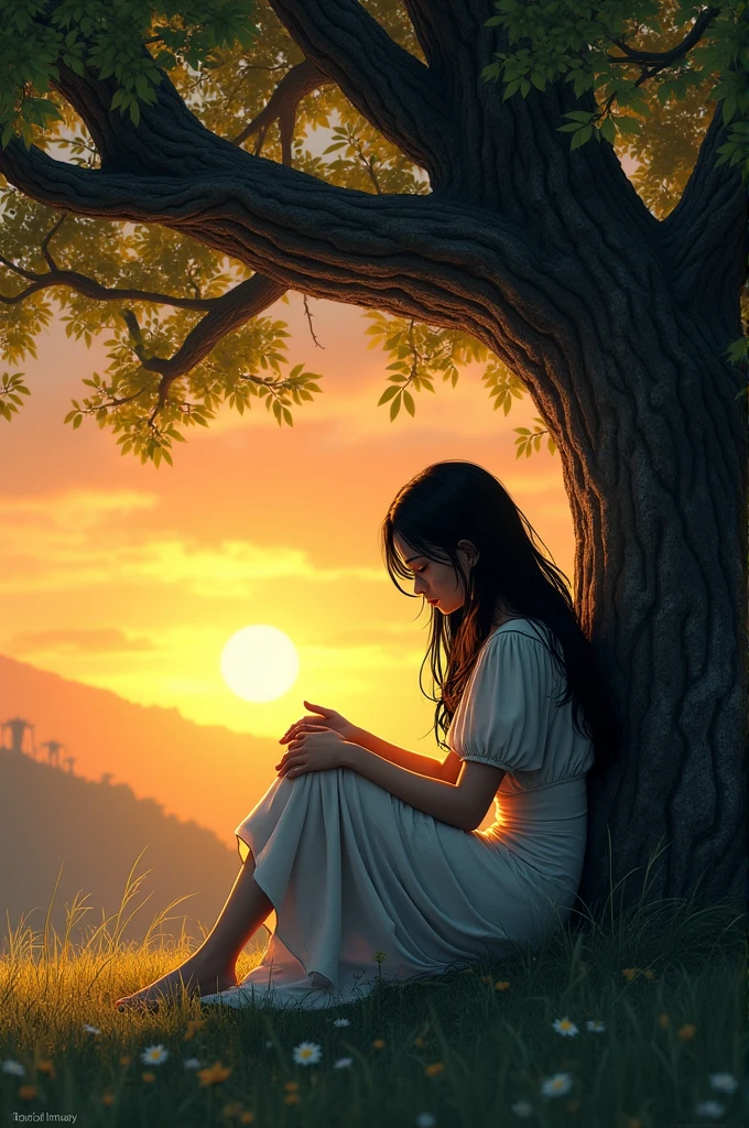 ((best quality)), ((masterpiece)), (detailed), Maya sits under a large, old tree, her head bowed in sadness, with tears in her eyes. The tree offers a sense of shelter and calm, its branches spreading wide above her as the sun begins to set in the background.