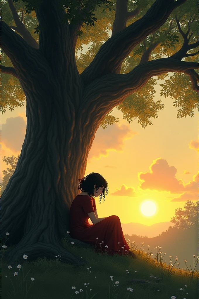 ((best quality)), ((masterpiece)), (detailed), Maya sits under a large, old tree, her head bowed in sadness, with tears in her eyes. The tree offers a sense of shelter and calm, its branches spreading wide above her as the sun begins to set in the background.