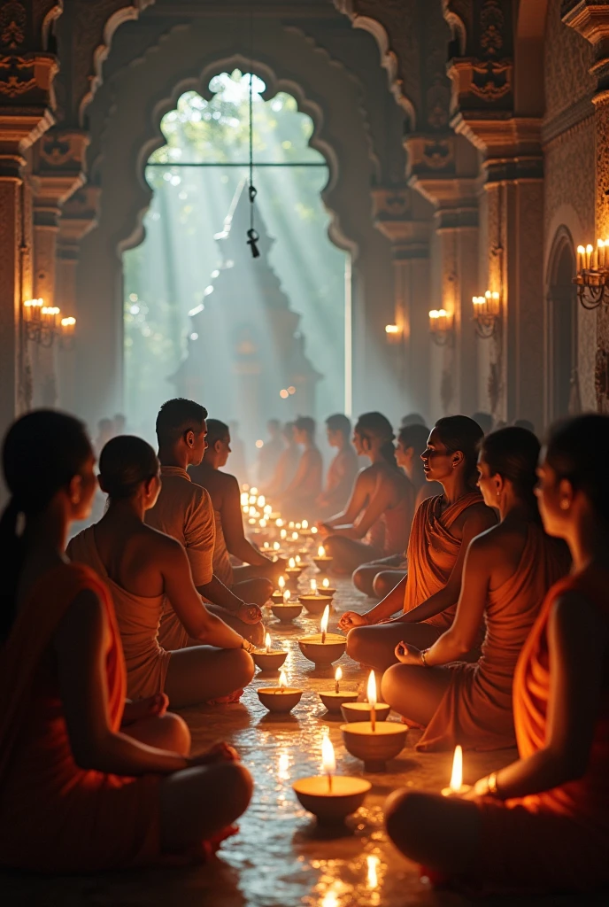 Scene: Images of people meditating, lighting lamps in a Hindu temple.