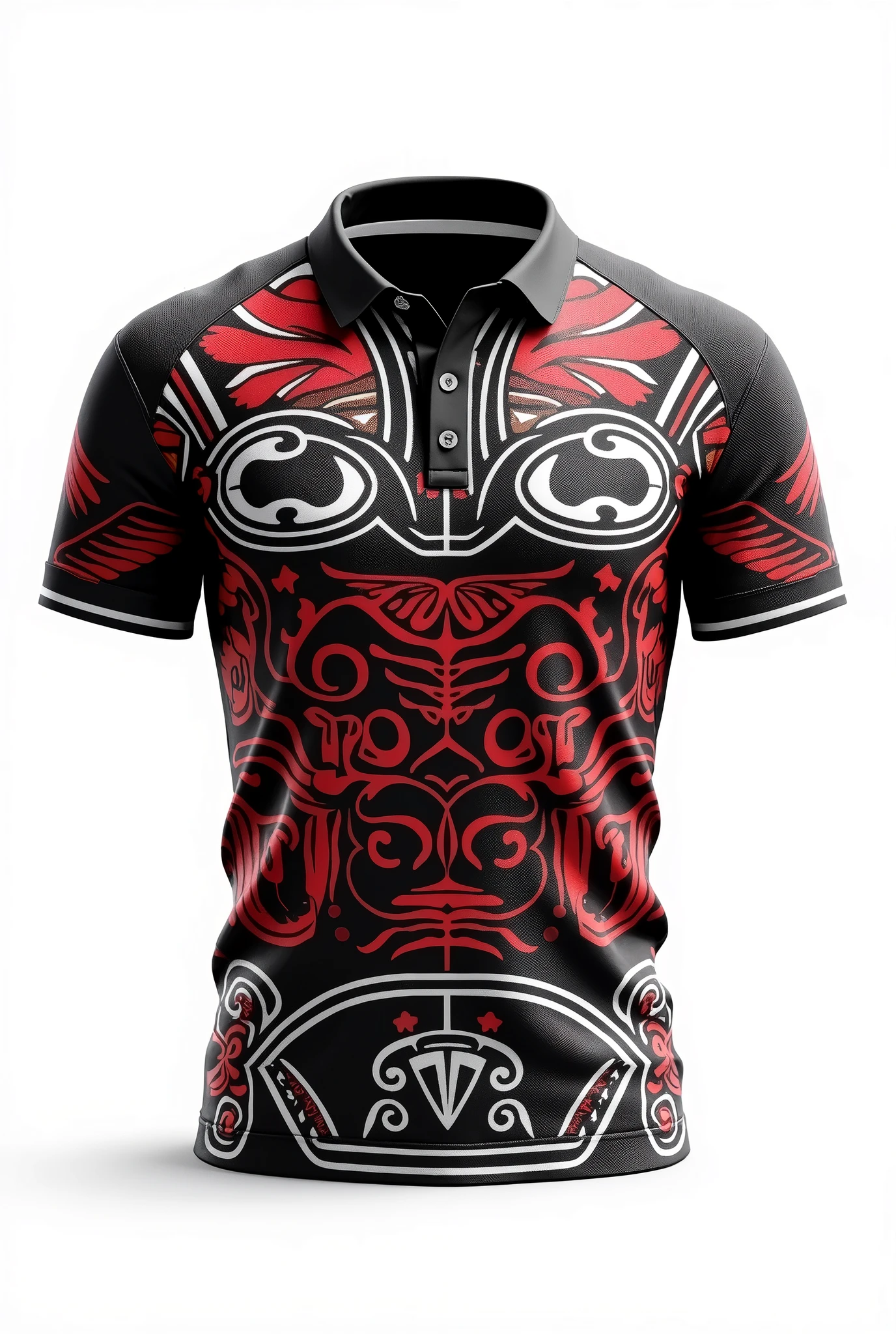 Create rugby jersey maori tribe full pattern black white red retro black collar white background